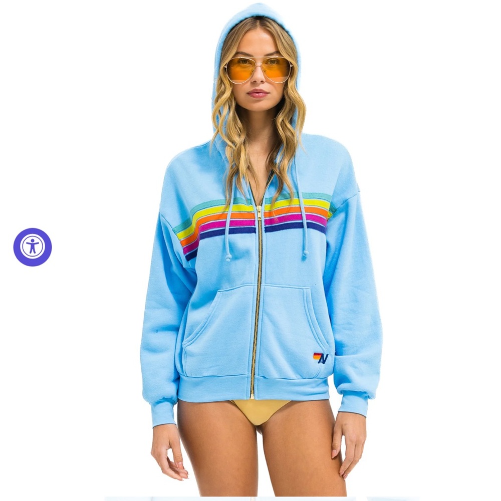 NEW Aviator Nation- 5 STRIPE RELAXED ZIP HOODIE - SKY // RAINBOW Size XL